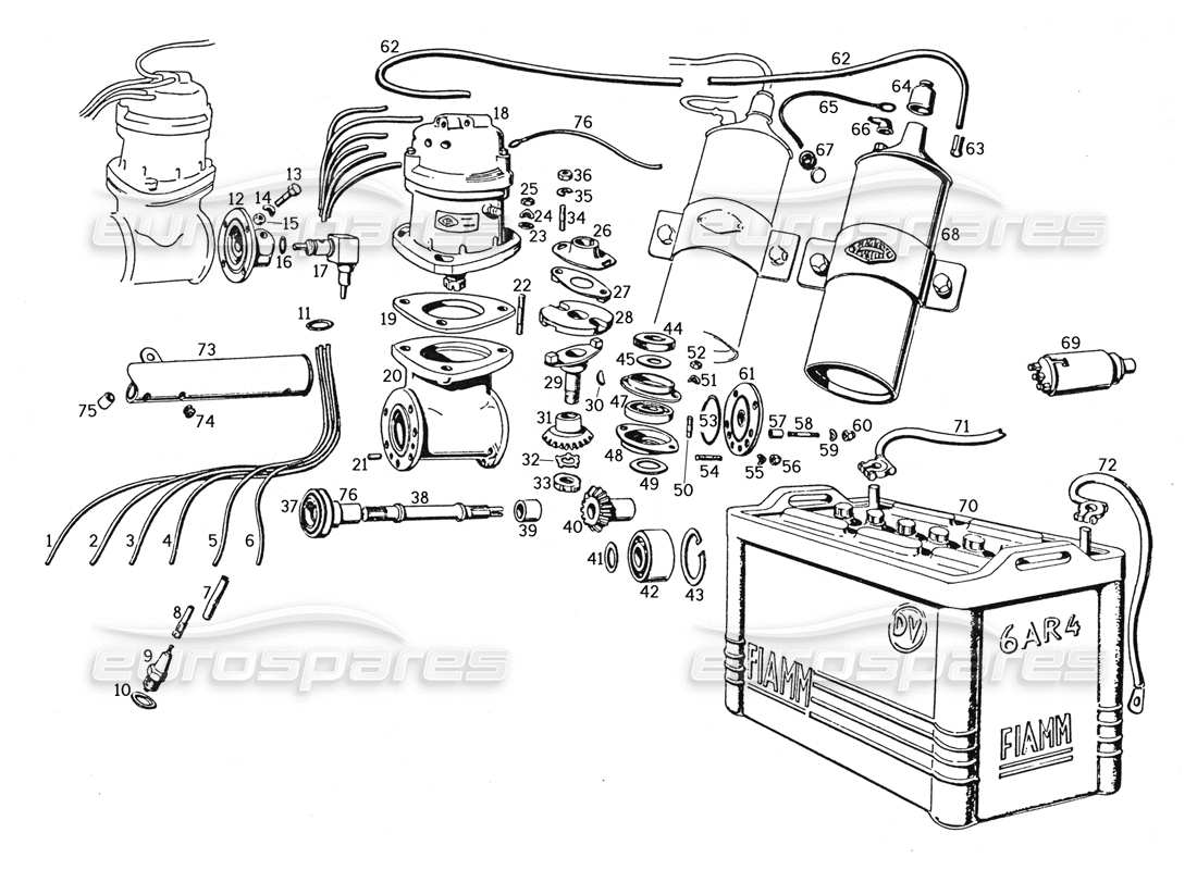 ferrari 250 gte (1957) ignition and battery parts diagram