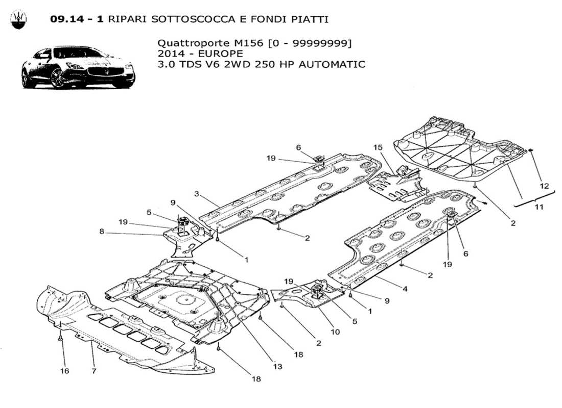 maserati qtp. v6 3.0 tds 250bhp 2014 underbody and underfloor guards part diagram