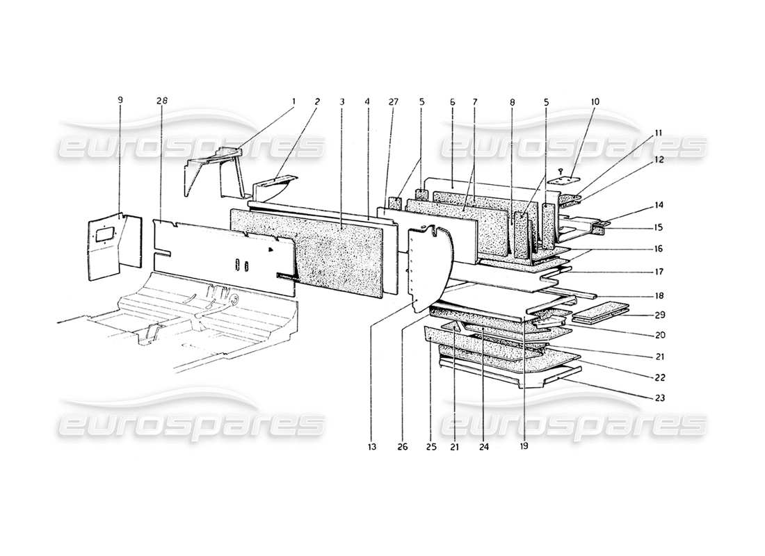 ferrari 308 gt4 dino (1979) body shell - inner elements (usa 77 - aus) part diagram