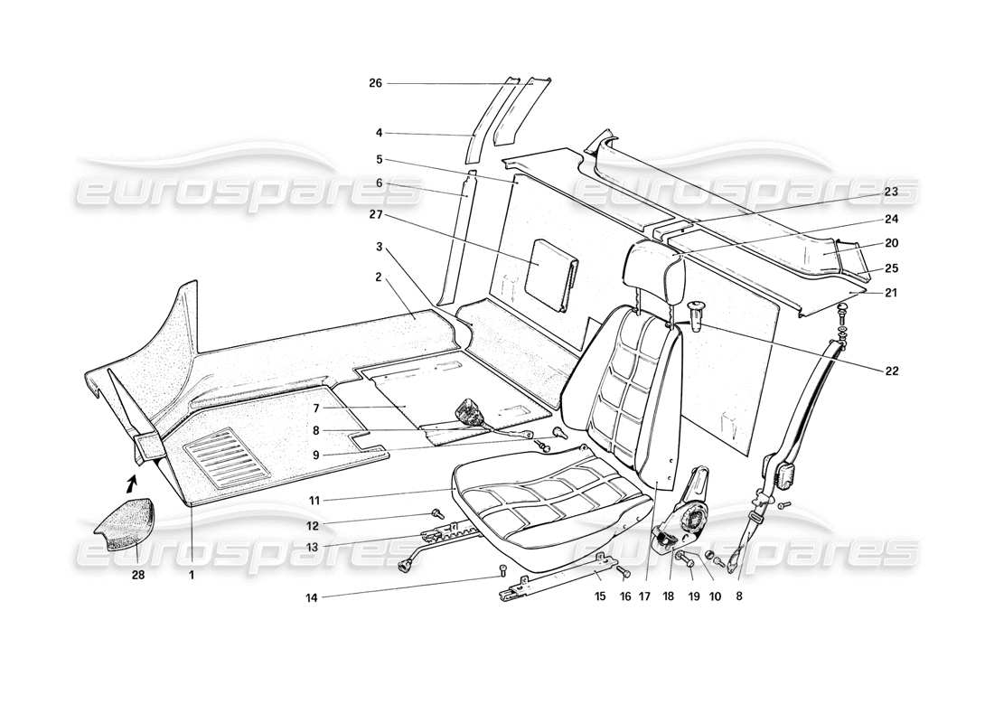 ferrari 308 (1981) gtbi/gtsi interior trim, accessories and seats parts diagram