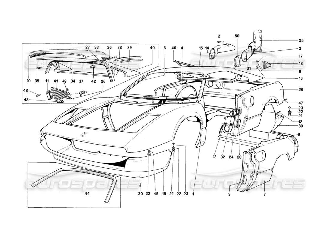 ferrari 308 (1981) gtbi/gtsi body shell - outer elements part diagram