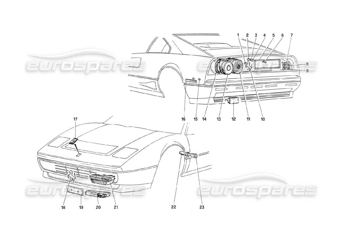 ferrari 208 turbo (1989) external lights and moulding parts diagram