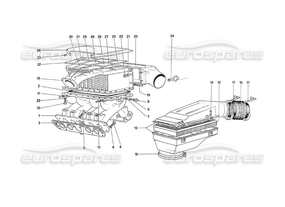 ferrari 208 turbo (1989) air intake, manifolds and heat exchangers parts diagram