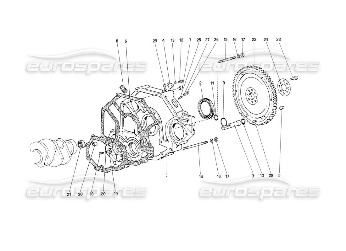 ferrari 208 turbo (1989) flywheel and clutch housing spacer parts diagram