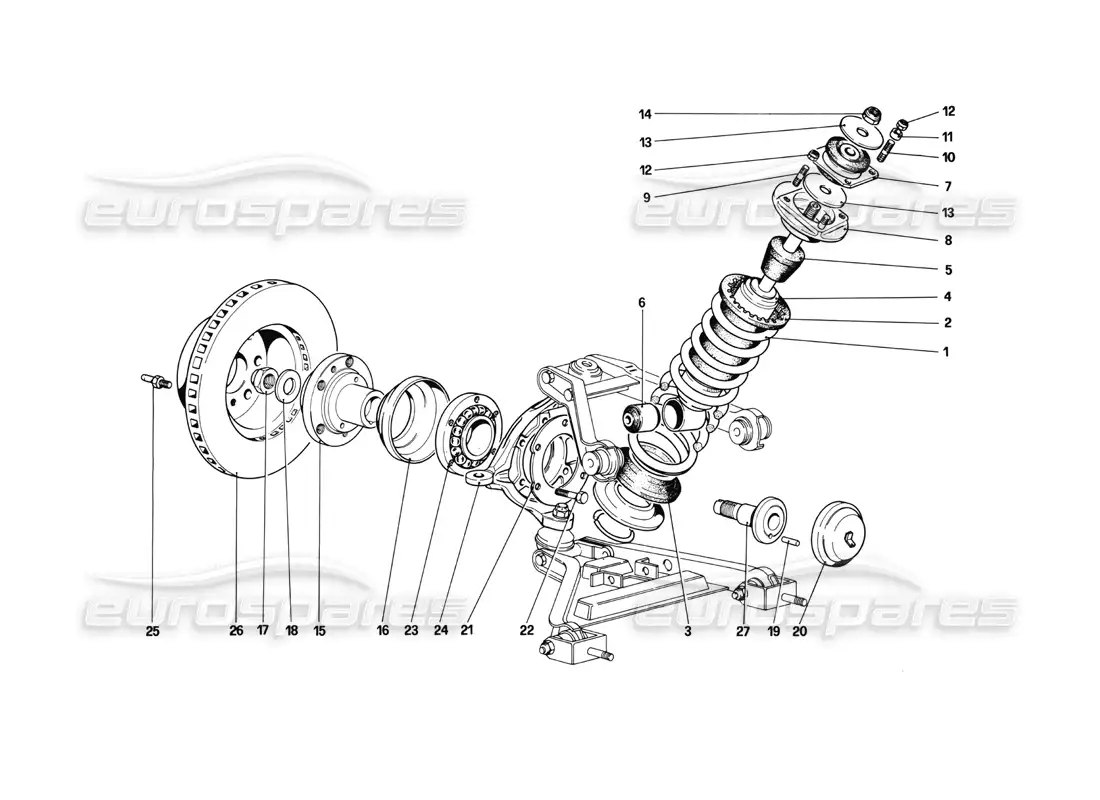 ferrari mondial 3.0 qv (1984) front suspension - shock absorber and brake disc parts diagram