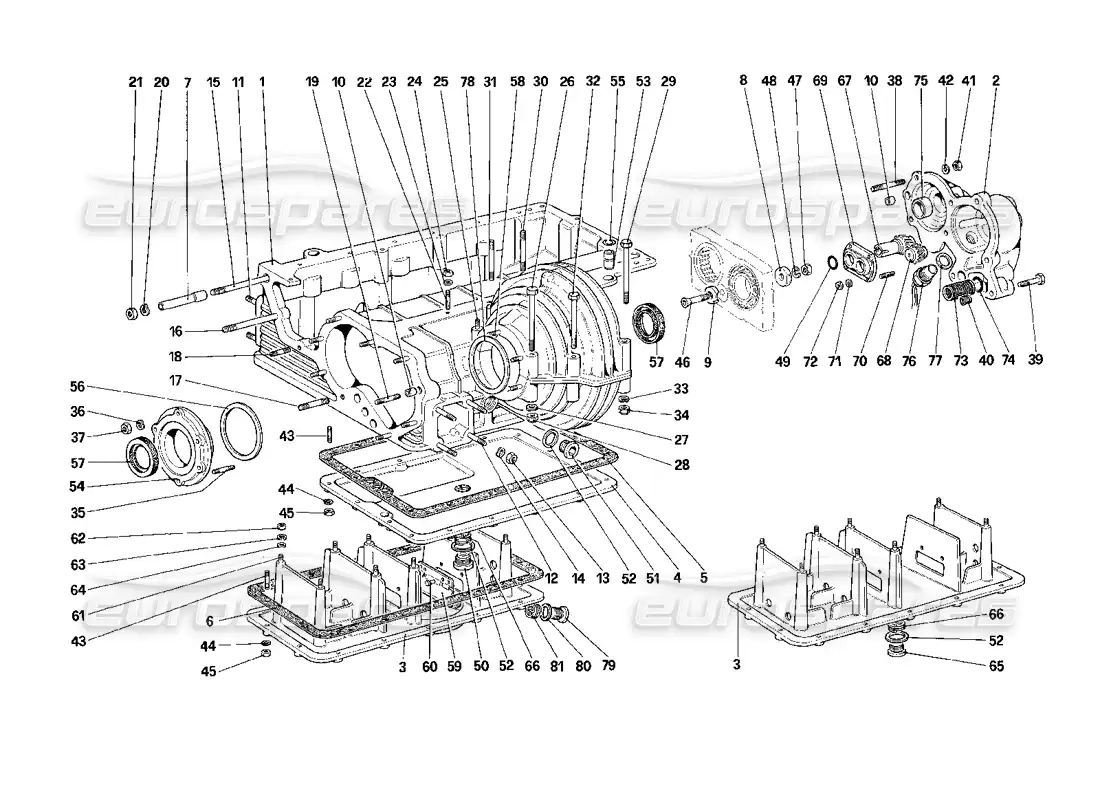 ferrari mondial 3.2 qv (1987) gearbox - differential housing and oil sump parts diagram