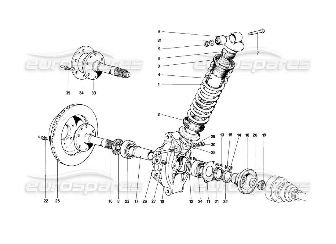 ferrari 308 (1981) gtbi/gtsi rear suspension - shock absorber and brake disc part diagram