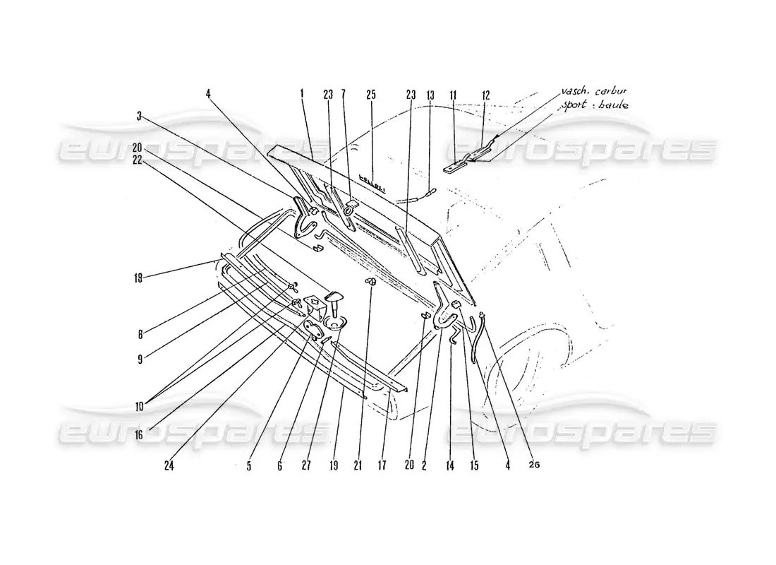 ferrari 365 gtc4 (coachwork) rear boot lid parts diagram
