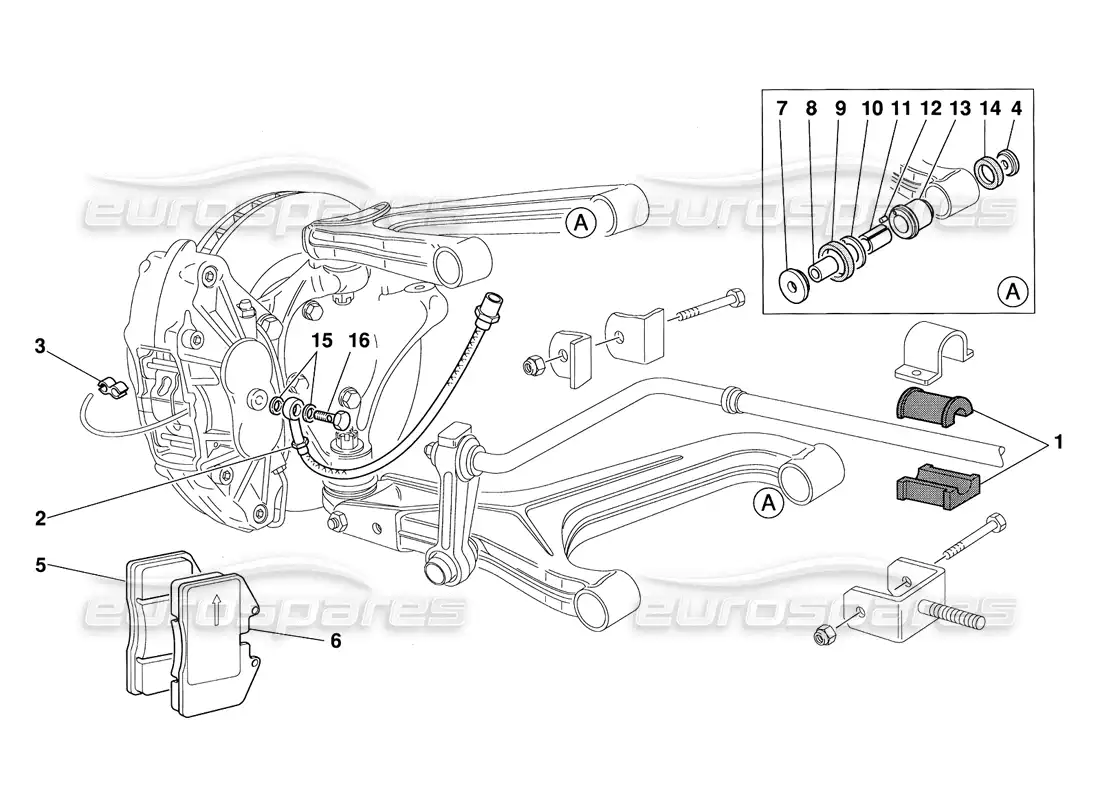ferrari 348 challenge (1995) front suspension pads and brake pipes parts diagram
