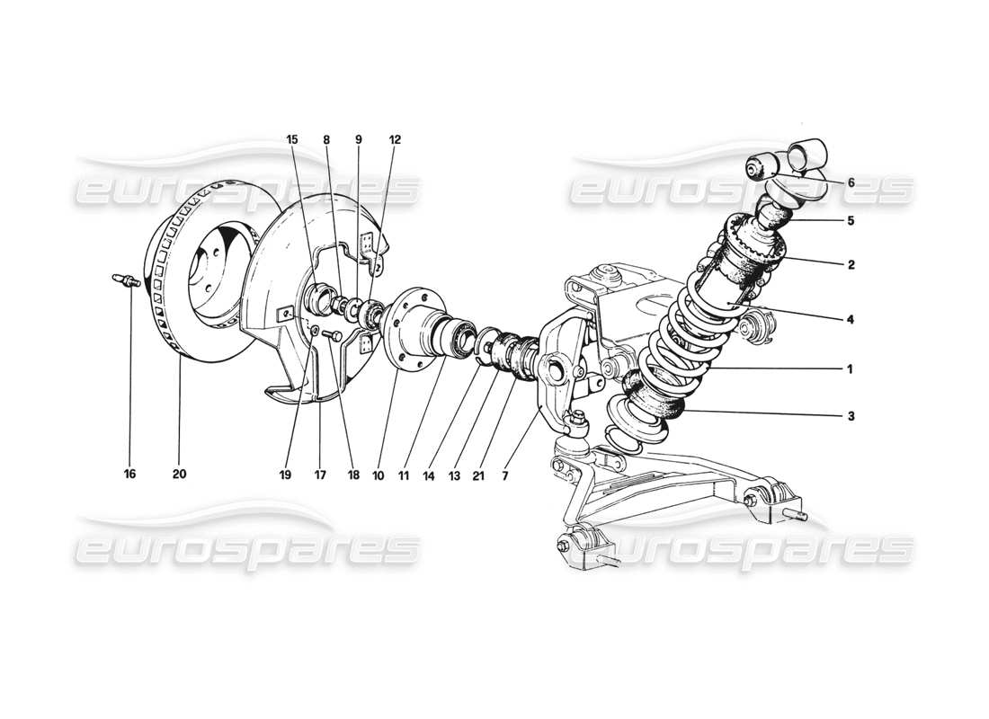 ferrari 308 gtb (1980) front suspension - shock absorber and brake disc part diagram