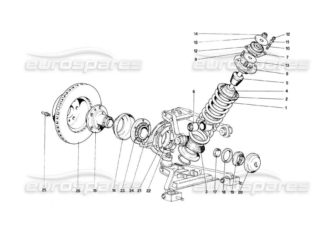 ferrari mondial 8 (1981) front suspension - shock absorber and brake disc part diagram