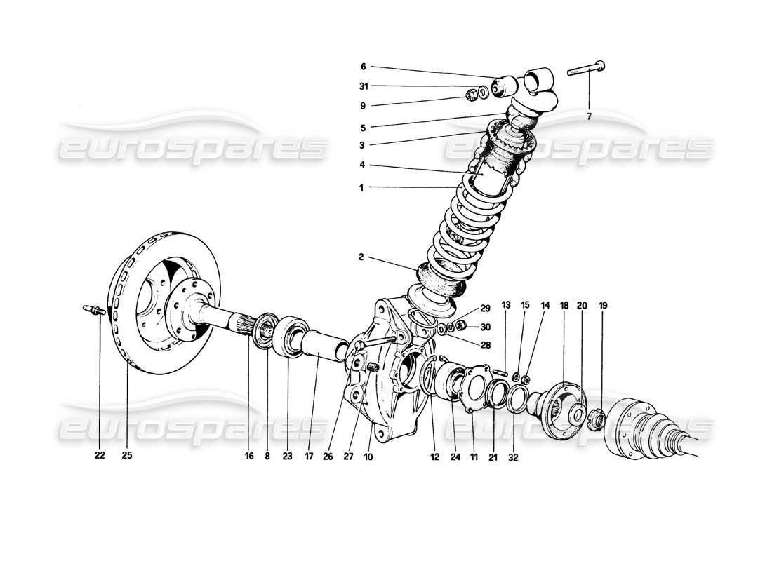 ferrari 308 gtb (1980) rear suspension - shock absorber and brake disc parts diagram