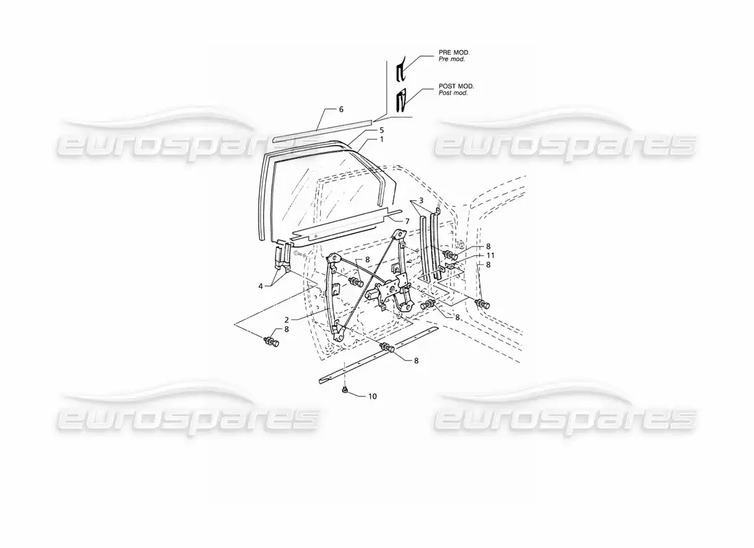maserati qtp v8 (1998) front doors: windows and regulators parts diagram