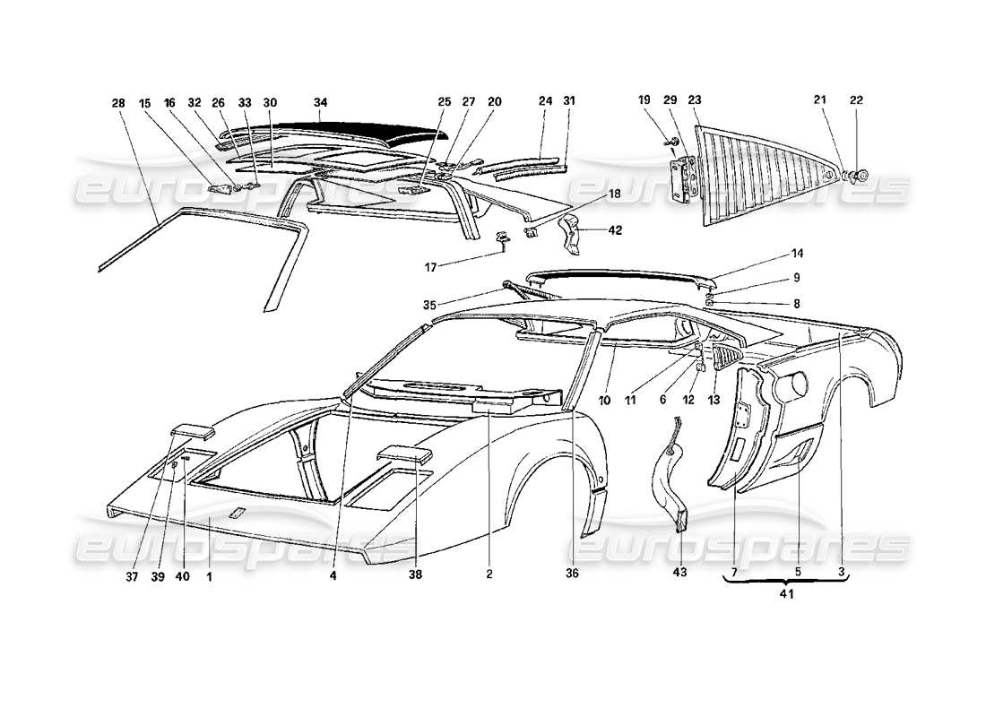 ferrari 208 turbo (1989) body shell - outer elements parts diagram