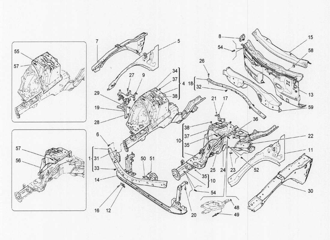 maserati qtp. v6 3.0 tds 275bhp 2017 front structural frames and sheet panels part diagram