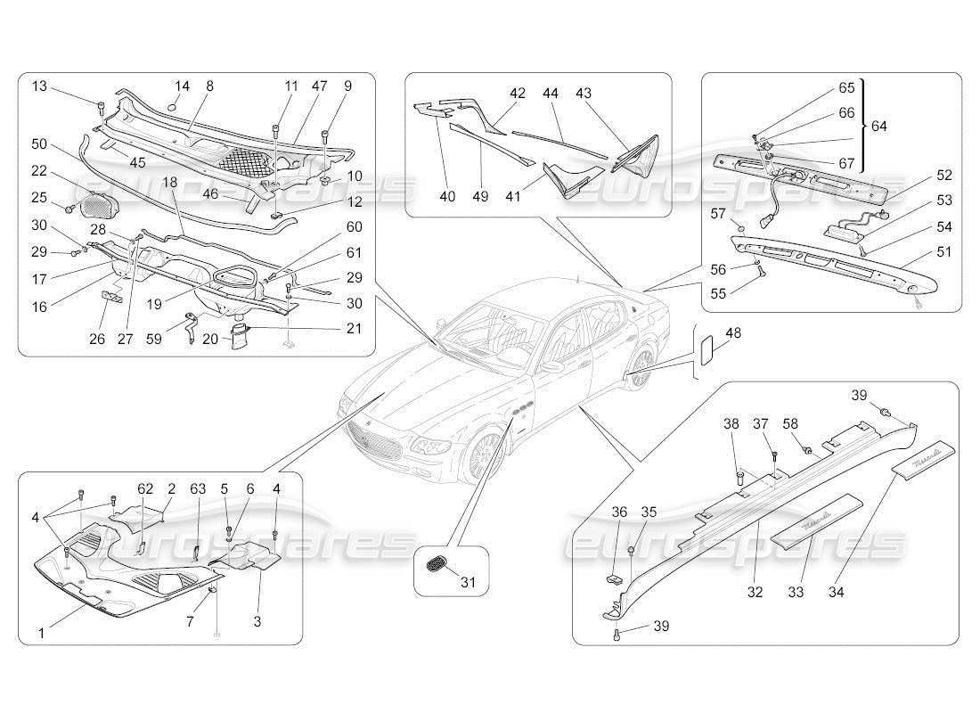 maserati qtp. (2010) 4.2 auto shields, trims and covering panels part diagram
