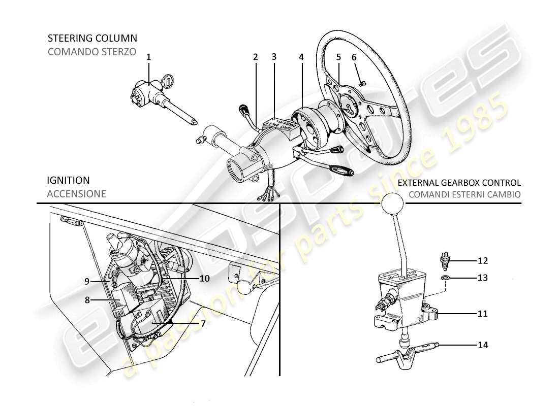 ferrari 246 dino (1975) steering control, engine ignition and gearbox outer controls (variants for usa versions) parts diagram