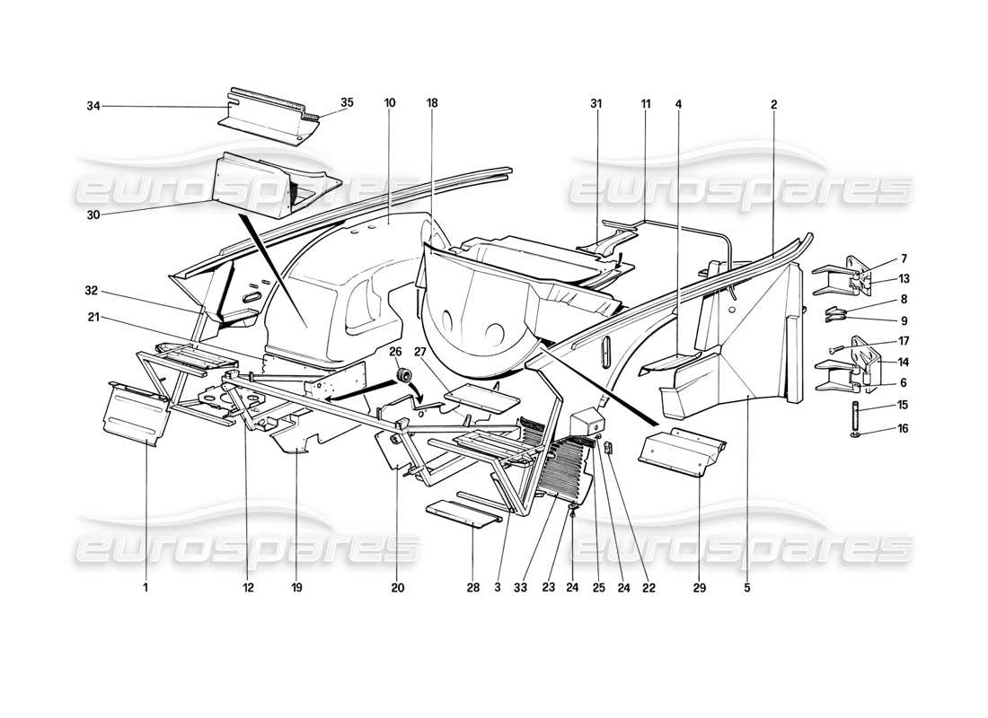 ferrari mondial 8 (1981) body shell - inner elements part diagram