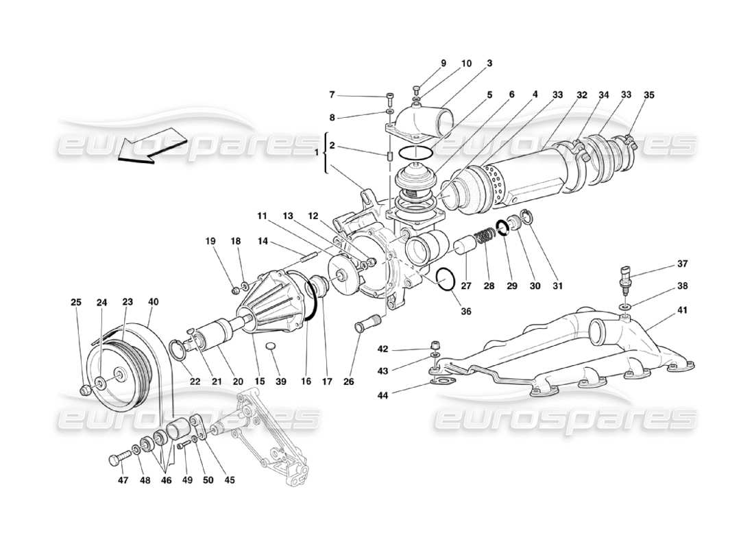 ferrari 360 challenge stradale water pump and oil - water heat exchanger part diagram