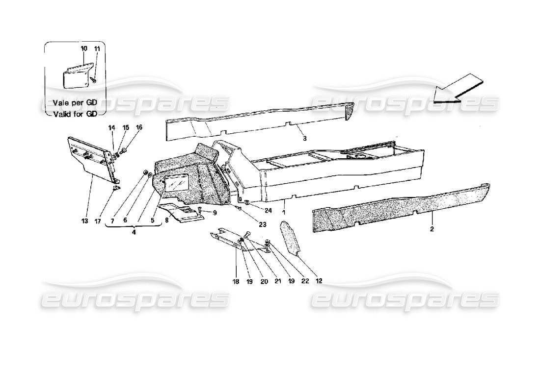 ferrari mondial 3.4 t coupe/cabrio tunnel - framework and linings - coupe parts diagram