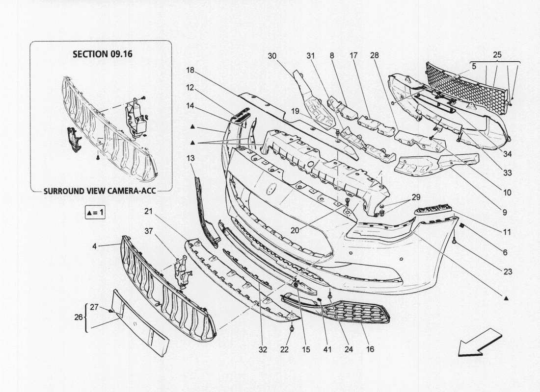 maserati qtp. v6 3.0 bt 410bhp 2wd 2017 front bumper parts diagram