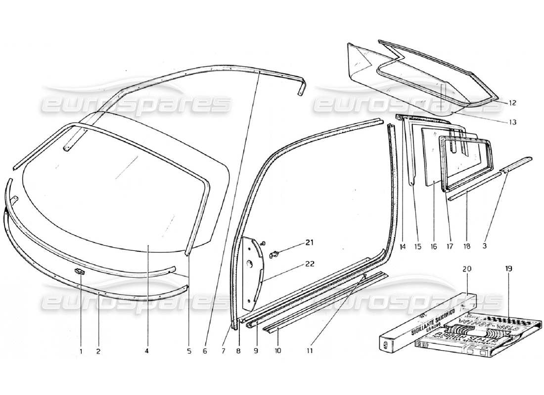 ferrari 308 gtb (1976) glasses (valid for rhd - aus versions) parts diagram