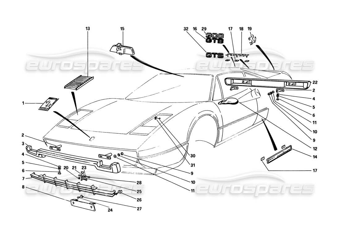 ferrari 308 gtb (1980) bumpers and mouldings (variants for rhd - aus versions) part diagram