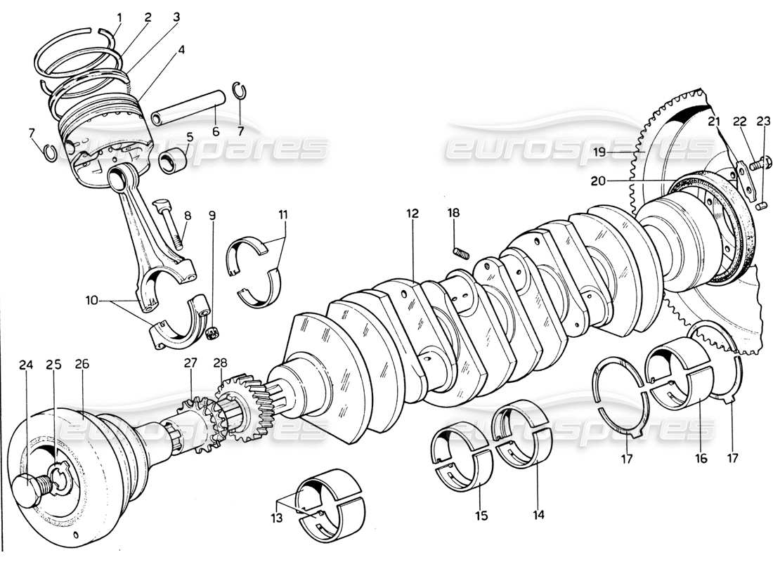 ferrari 365 gtb4 daytona (1969) crankshaft, connecting rods & pistons parts diagram