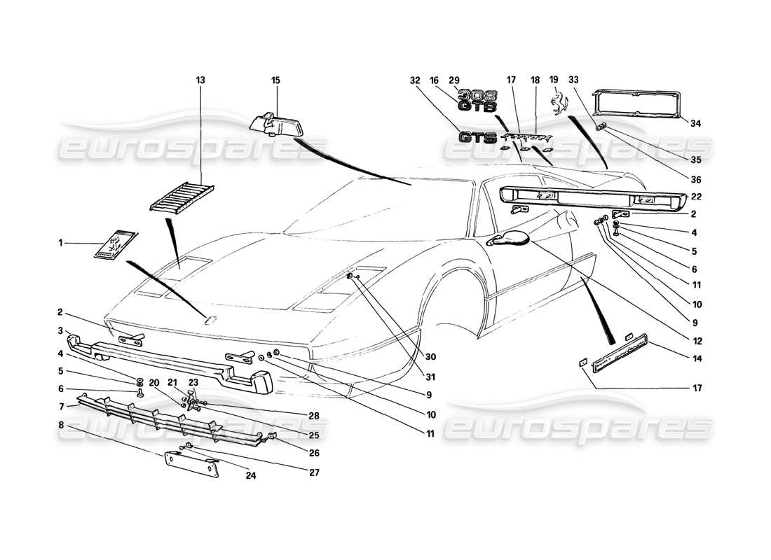 ferrari 308 gtb (1980) bumpers and mouldings parts diagram