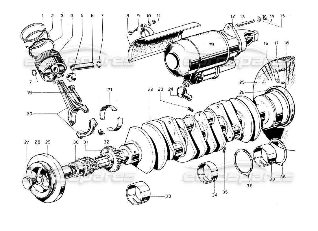 ferrari 275 gtb/gts 2 cam crankshaft, con rods & pistons part diagram