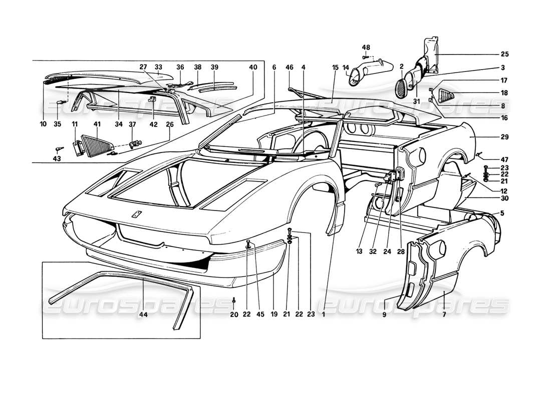 ferrari 308 gtb (1980) body shell - outer elements part diagram