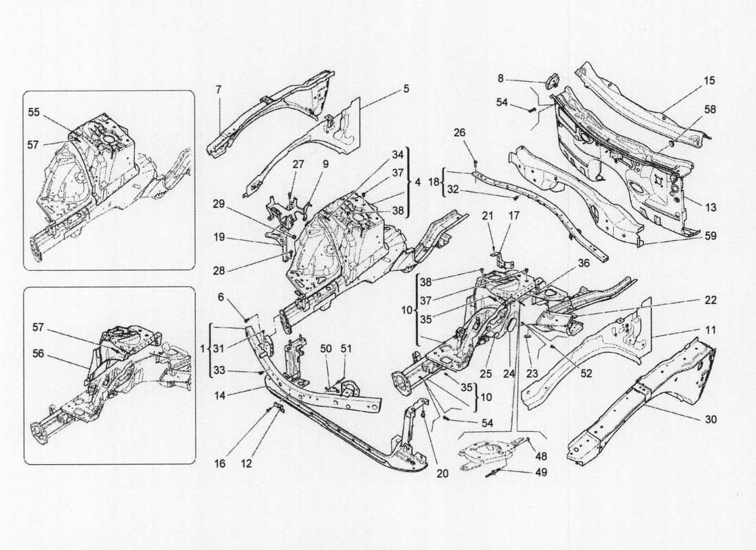 maserati qtp. v6 3.0 bt 410bhp 2wd 2017 front structural frames and sheet panels parts diagram