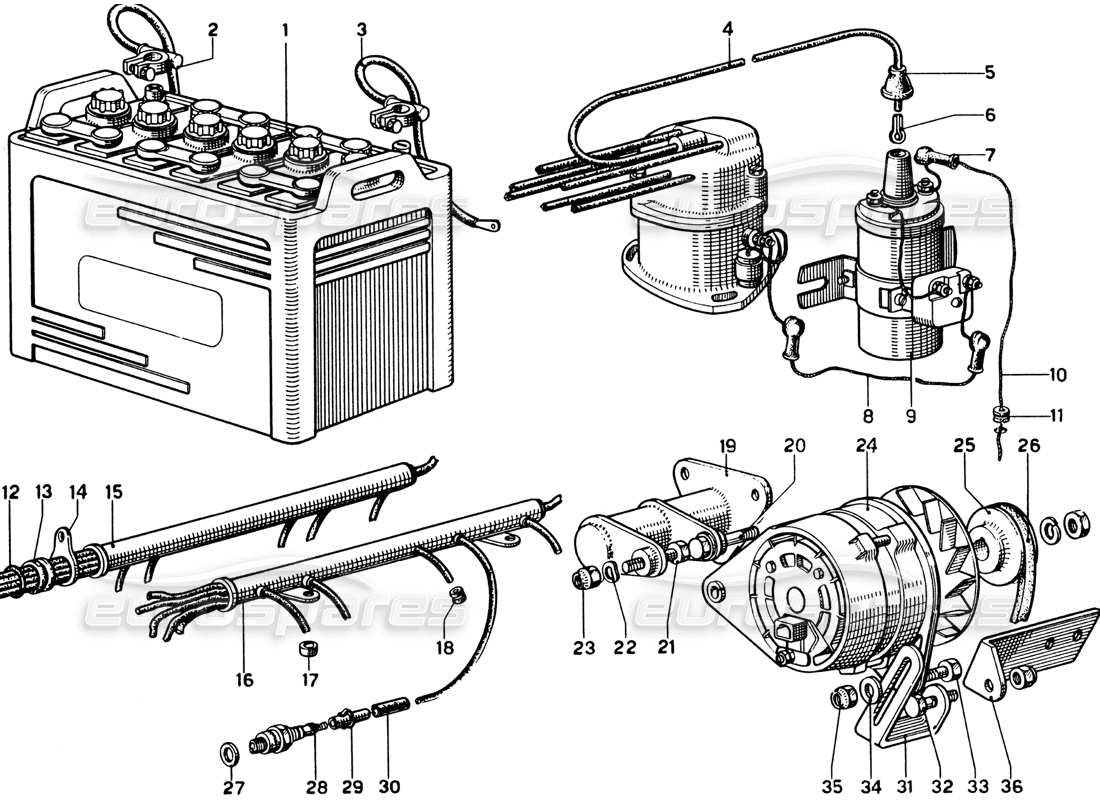 ferrari 330 gtc coupe generator and battery parts diagram