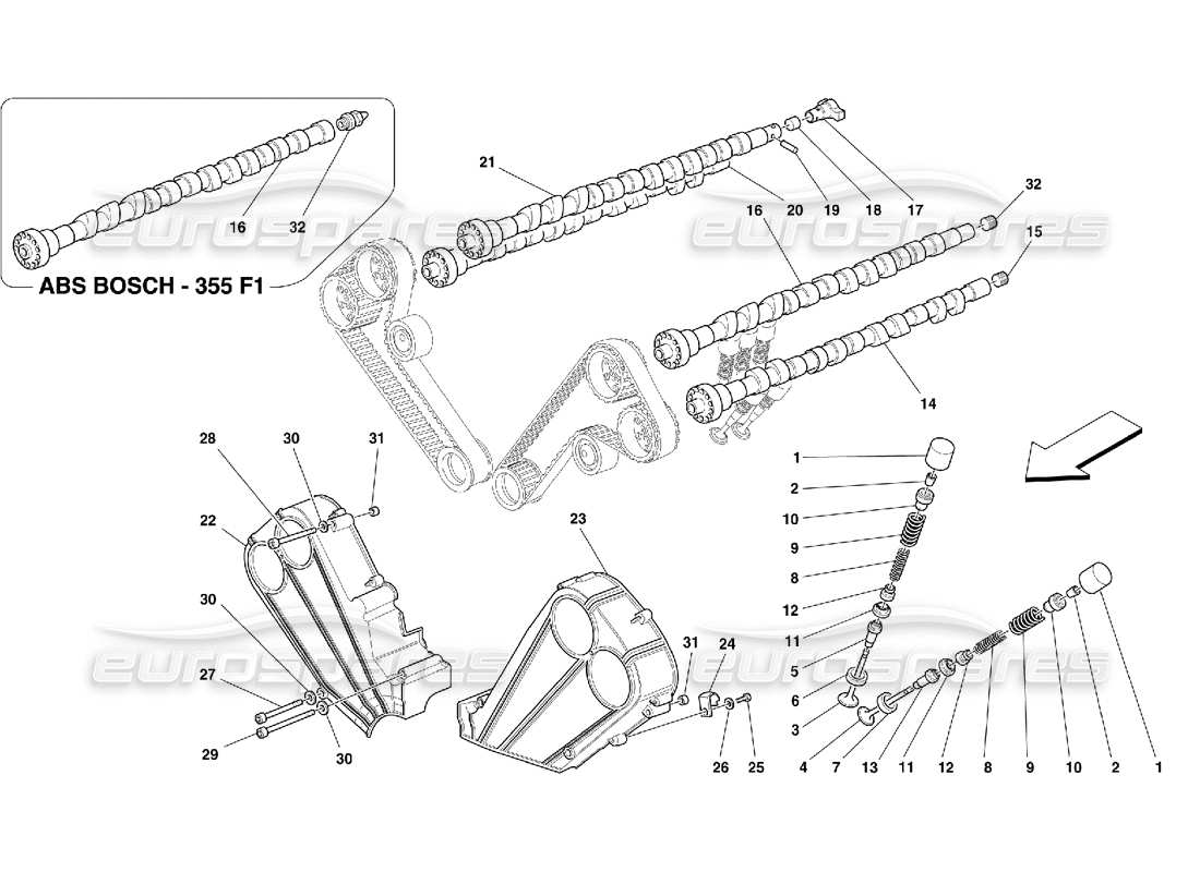 ferrari 355 (5.2 motronic) timing - tappets and shields part diagram