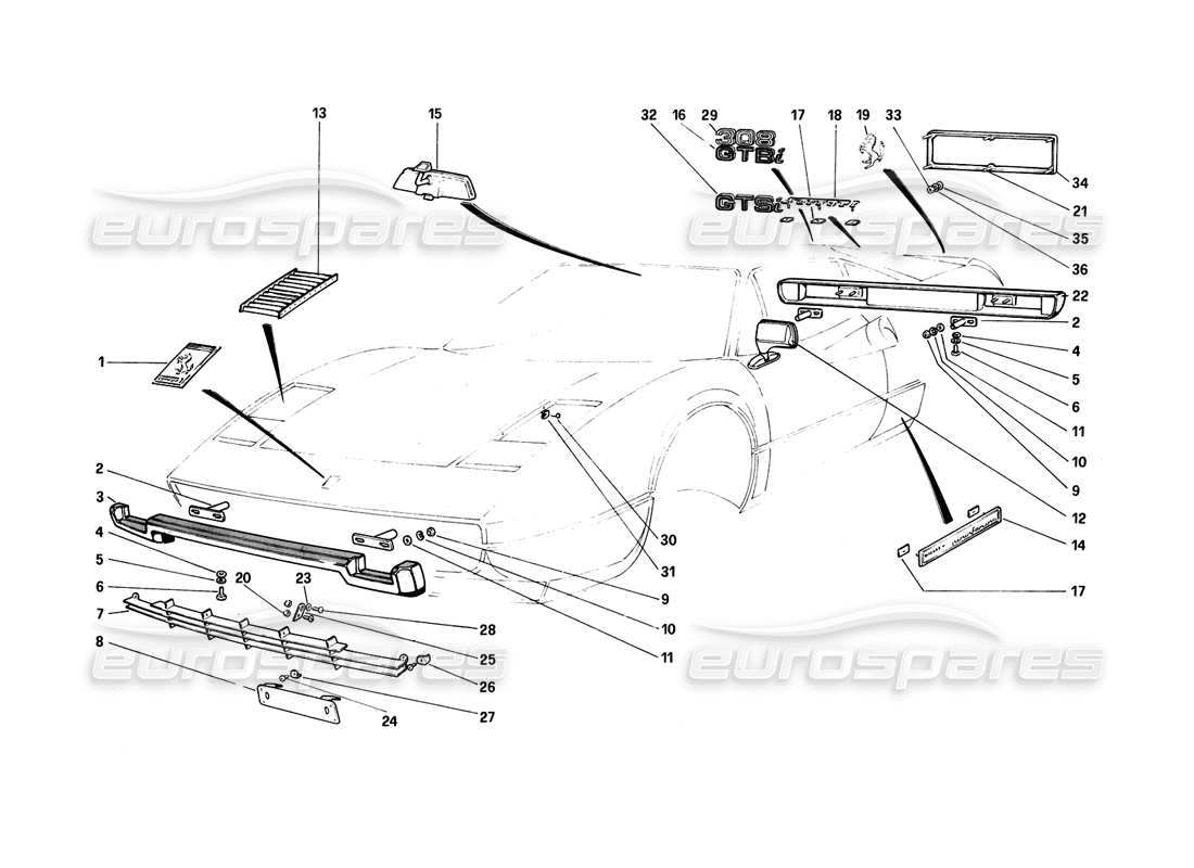 ferrari 308 (1981) gtbi/gtsi bumpers and mouldings part diagram