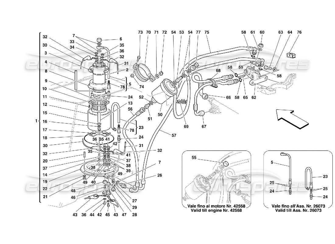 ferrari 355 (5.2 motronic) fuel pump and pipes part diagram