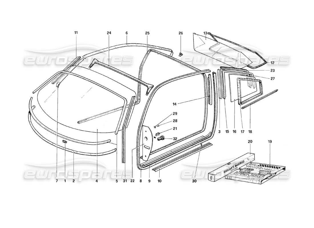 ferrari 308 (1981) gtbi/gtsi glasses part diagram