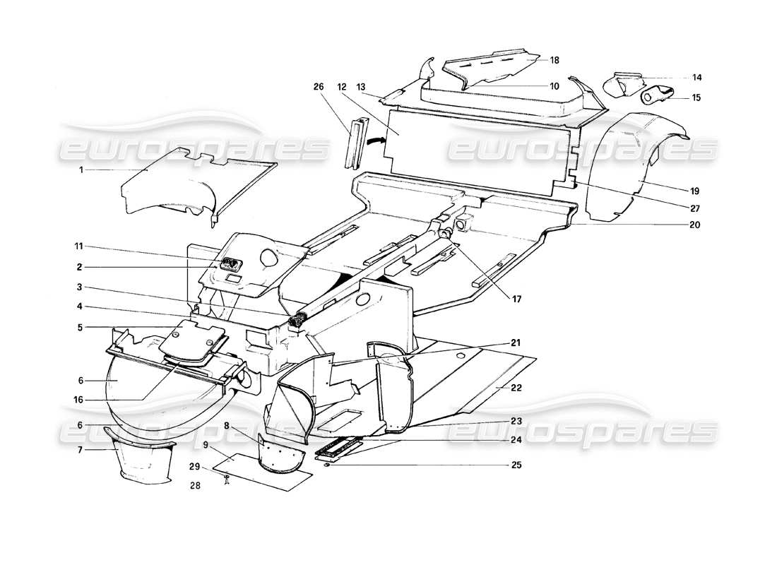 ferrari 308 (1981) gtbi/gtsi body shell - inner elements part diagram