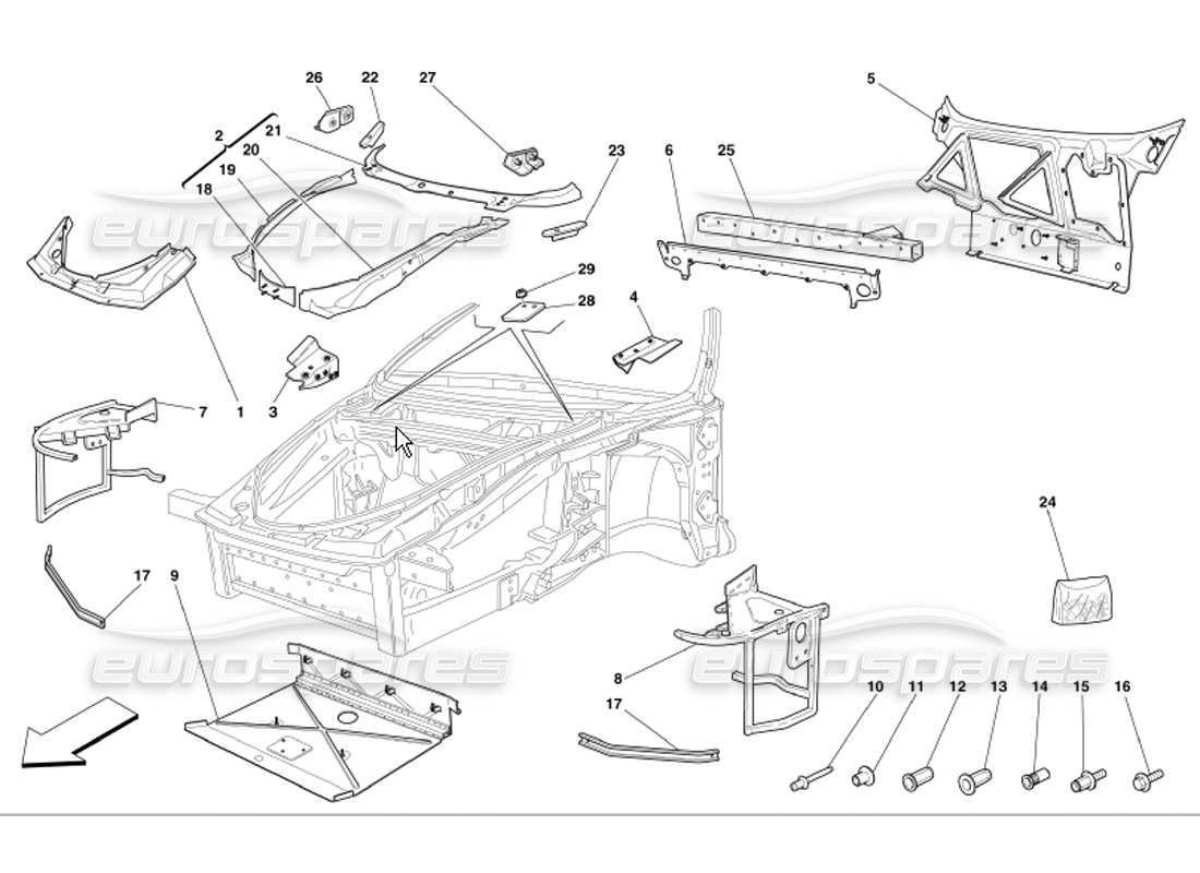 ferrari 360 modena frame complete front part structures and plates part diagram