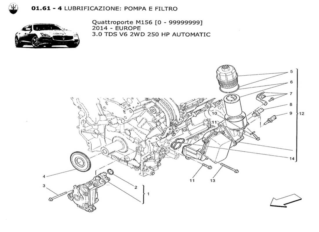 maserati qtp. v6 3.0 tds 250bhp 2014 lubrication system: pump and filter part diagram