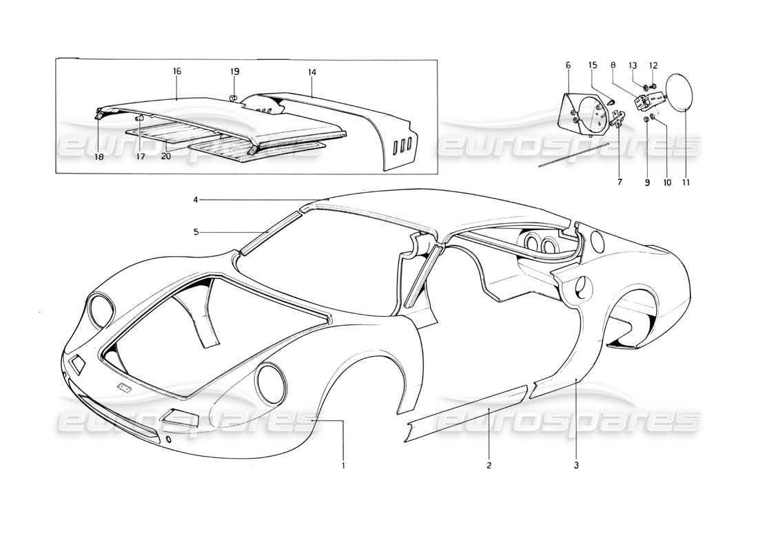 ferrari 246 dino (1975) body shell - outer elements parts diagram