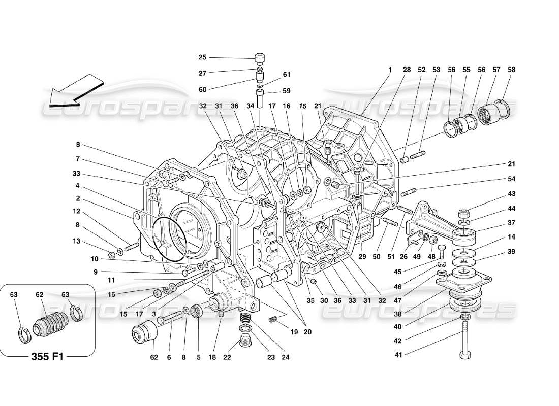 ferrari 355 (5.2 motronic) gearbox-differential housing and intermediate casing part diagram