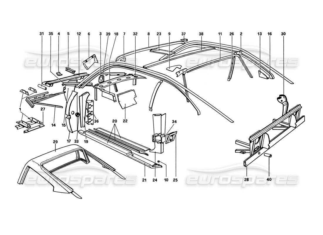 ferrari 308 gtb (1980) body shell - inner elements parts diagram