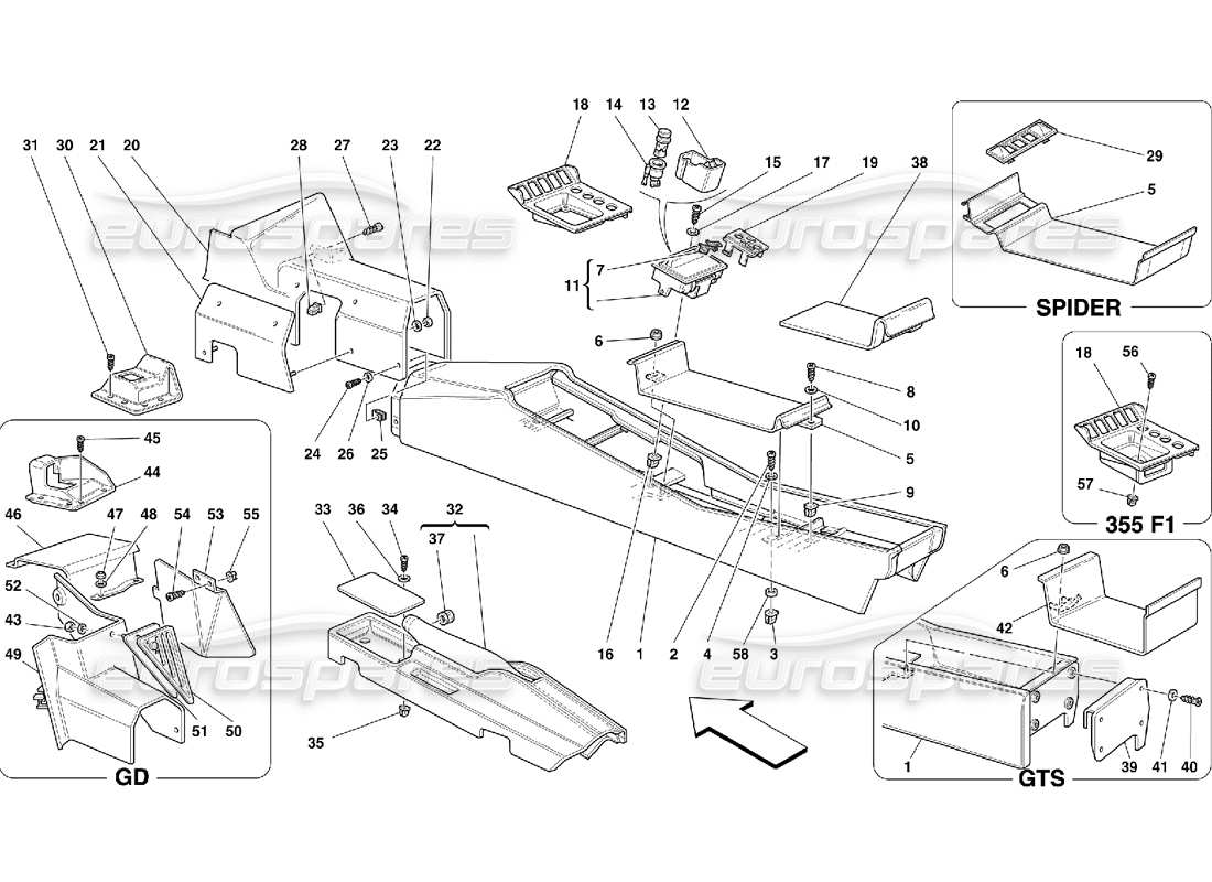 ferrari 355 (5.2 motronic) tunnel - framework and accessories part diagram