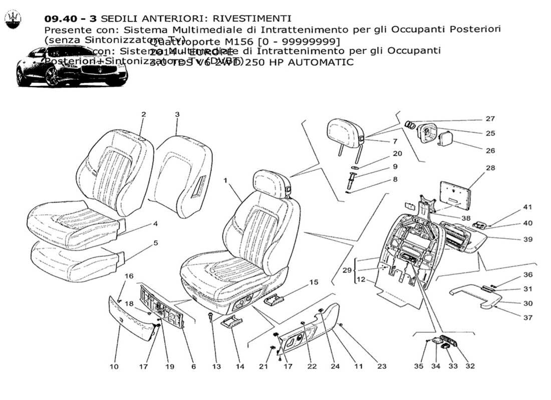 maserati qtp. v6 3.0 tds 250bhp 2014 front seats: trim panels parts diagram