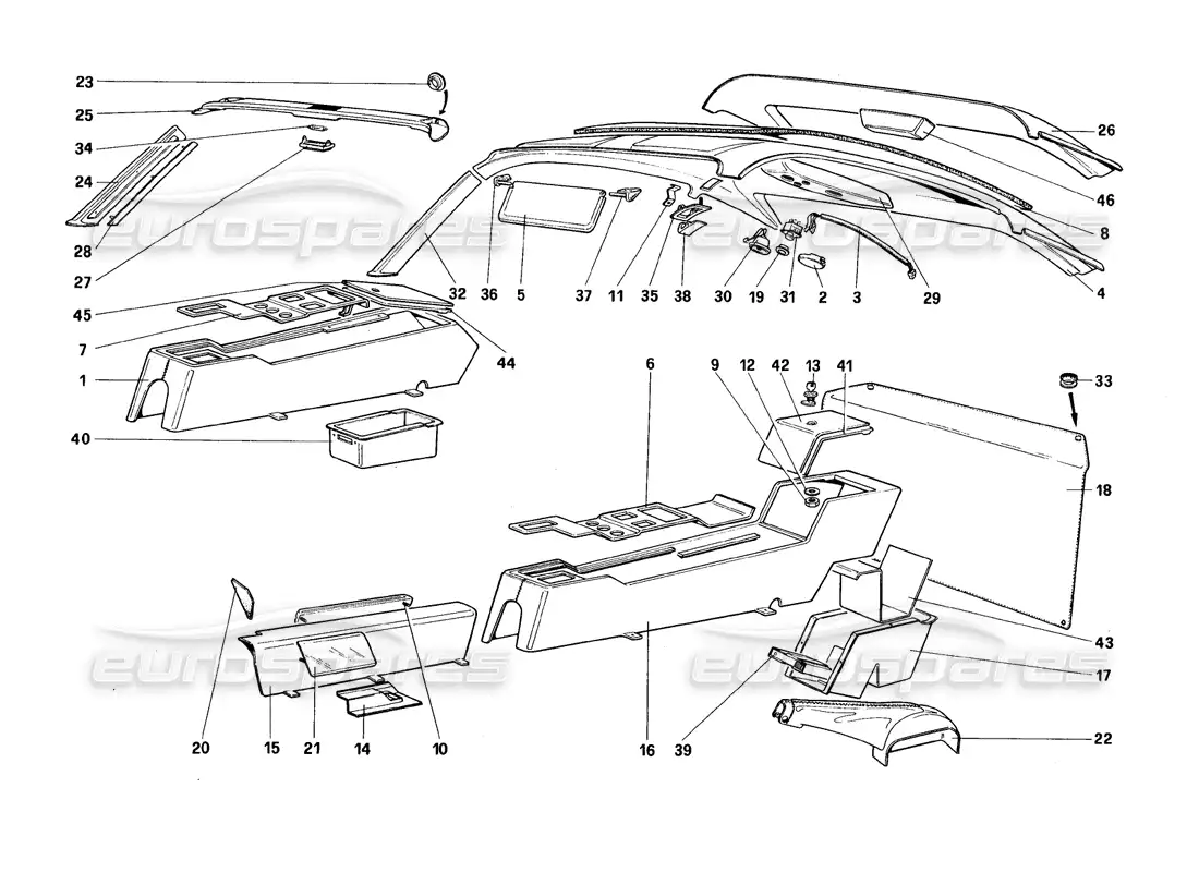 ferrari 328 (1988) tunnel and roof parts diagram