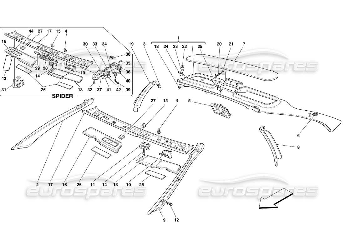 ferrari 355 (5.2 motronic) roof trims part diagram