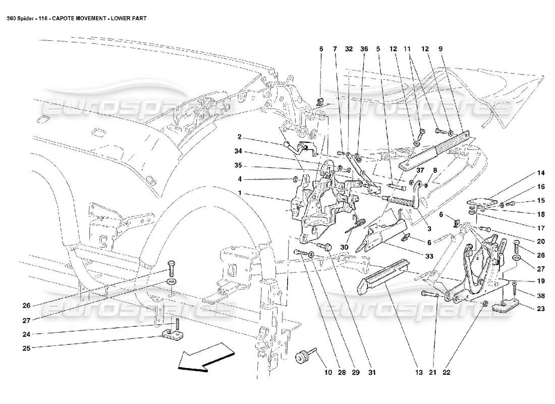 ferrari 360 spider capote movement - lower part part diagram