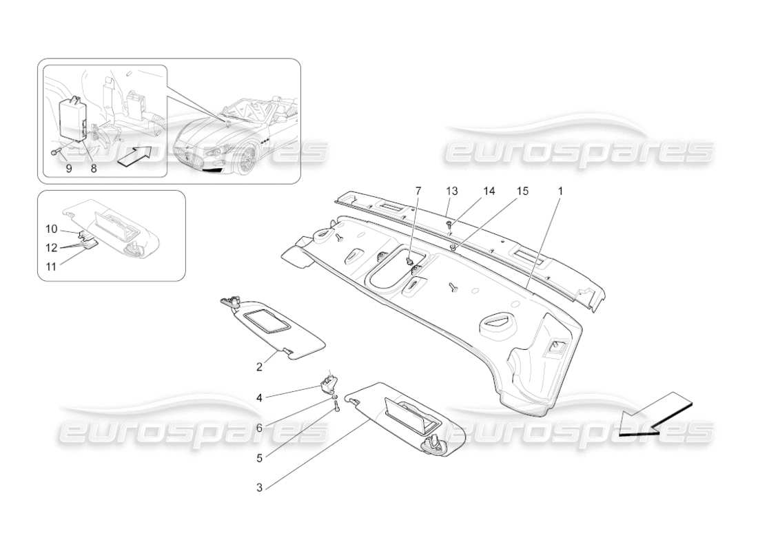 maserati grancabrio (2011) 4.7 roof and sun visors part diagram