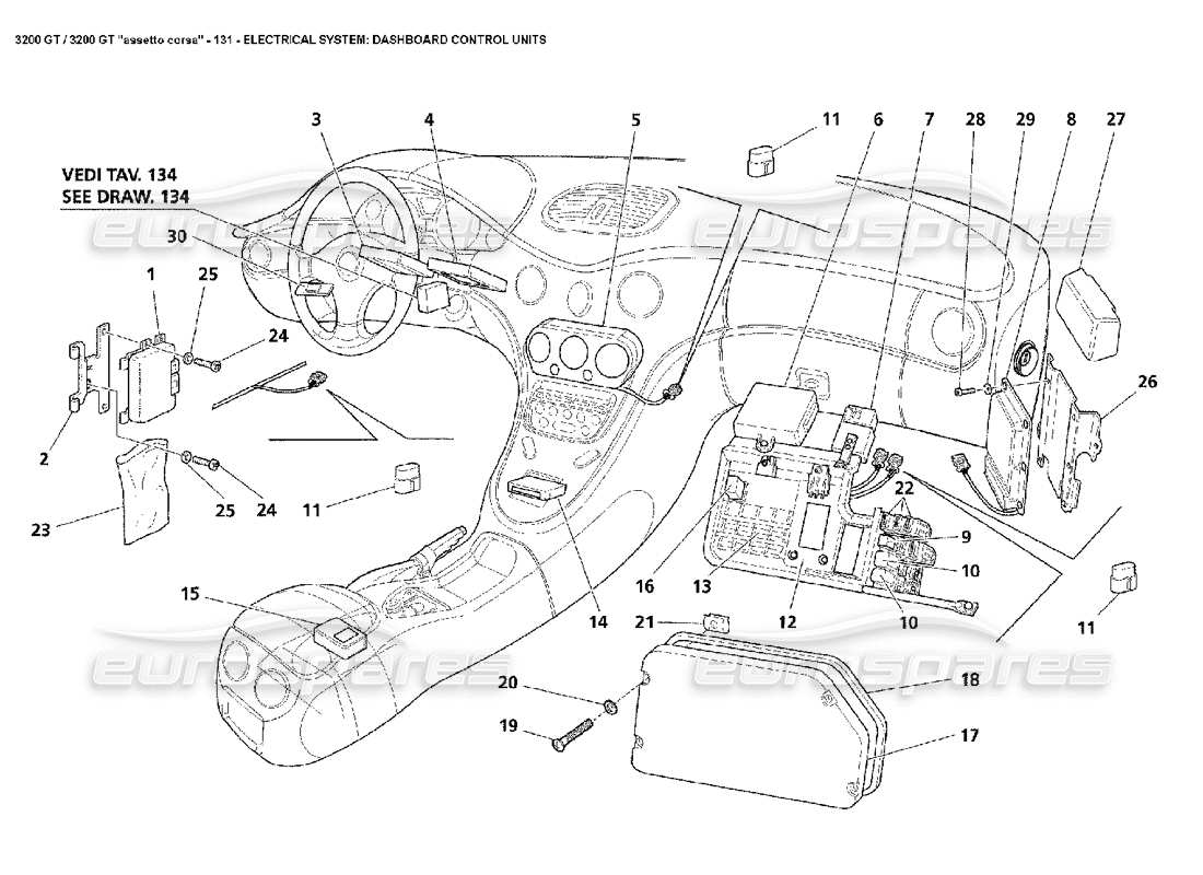 maserati 3200 gt/gta/assetto corsa electrical: dashboard control units parts diagram